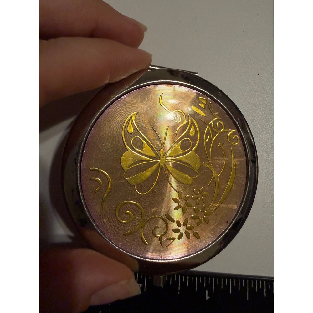 Mallorca Spain Souvenir Compact Mirror Butterfly Iridescent Pink Silver Tone - Picture 2 of 5
